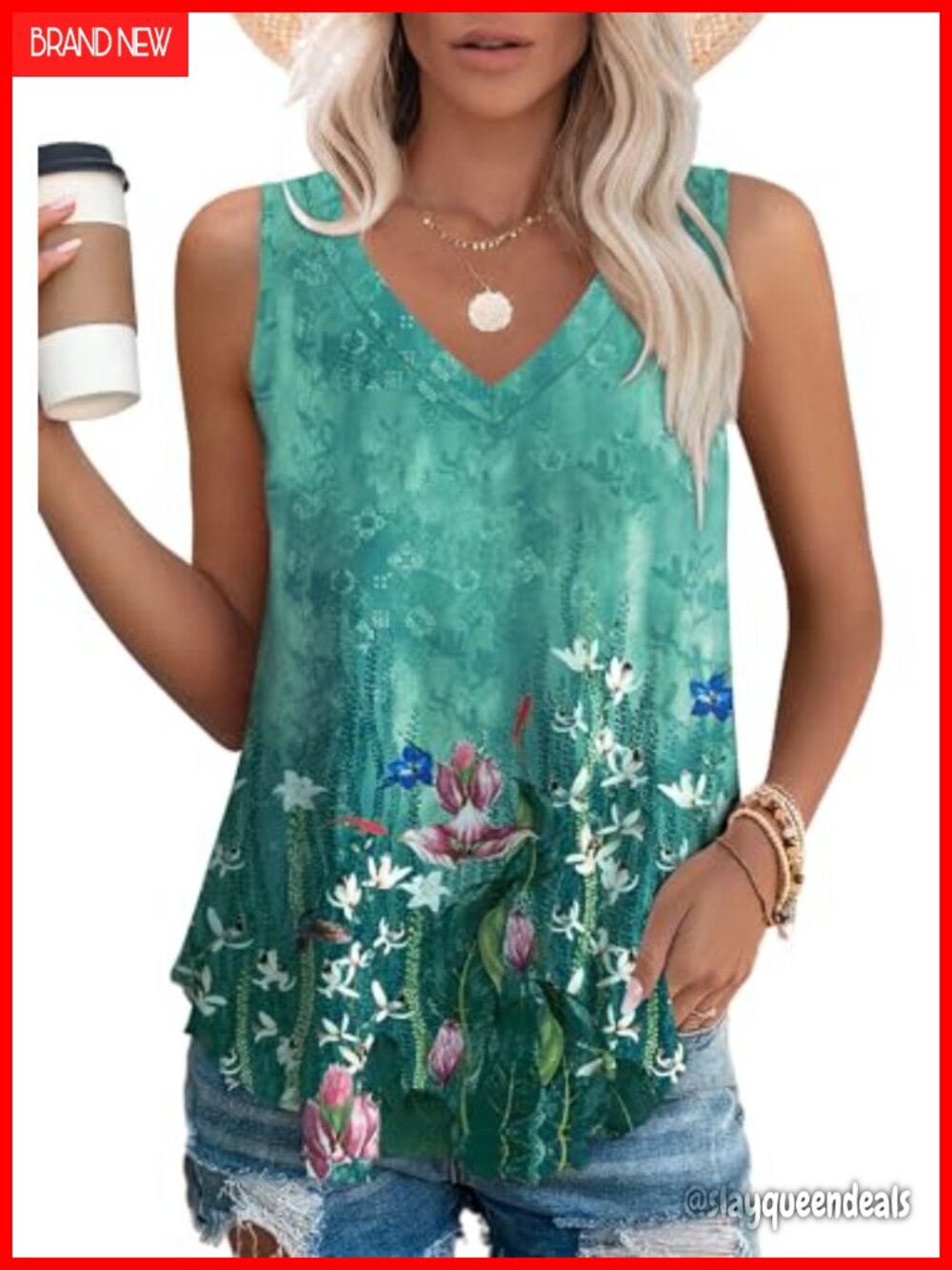 Womens V Neck Sleeveless Flowy Loose Fit Tank Top Casual Summer